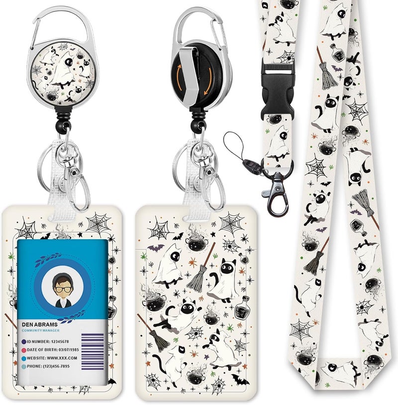 GIANCOMICS Halloween Lanyards for Id Badges, Spooky Black Cat ID Badge Holder with Lanyard Badge Reel Retractable, Cute Bat Lanyard with ID Holder Keychain Clip Name Tag ID Card Holder Women Office - Image 1